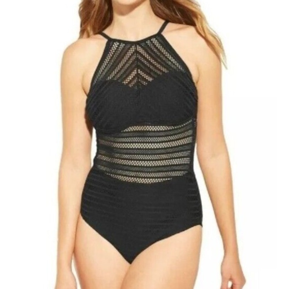 KONA SOL Solid Black LINED See-Thru Mesh HIGH-NECK One-Piece Swimsuit Sz M